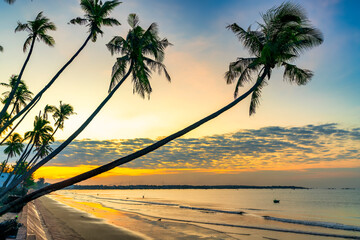 Dawn on the beach with tilted coconut trees, long sandy beach and beautiful golden sky and romantic for the weekend resort.