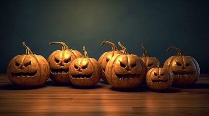 A group of scary pumpkins standing together, in the style of simplistic Generative AI