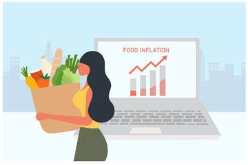 Food inflation and crisis, woman with grocery shopping cart and rising up arrow graph vector illustration. Food inflation, food price increase from economic recession
