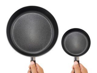 Male's hand holds frying pan, transparent background