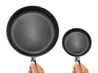 Male's hand holds frying pan, transparent background