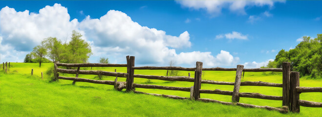 An old rustic wooden fence is in a grass filed with trees and clouds from Generative AI