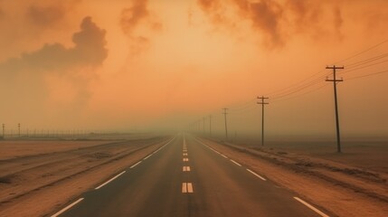View from afar on the road, dust in the air before a storm or thunderstorm. Generative AI