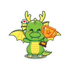Plakat dragon holding gold trophy cup cartoon vector illustration.