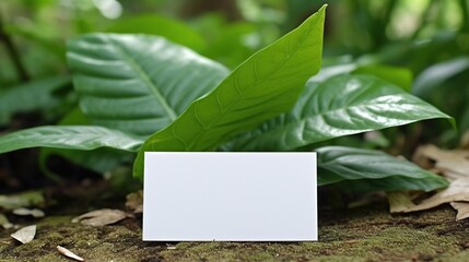 Blank card over a reen leaf, natural background Generative AI