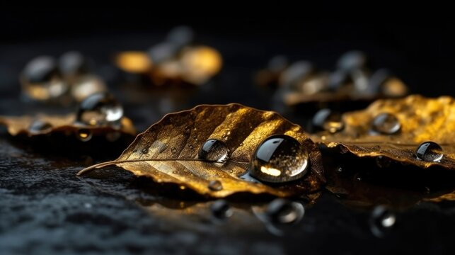 Golden leaves in water drops on a background of polished black stone top view, gold and stone. Generative AI