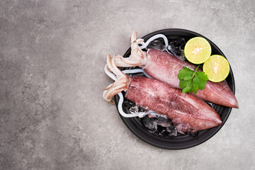 Fresh raw squid on a black plate with ice. Lemon slices. Top view and copy space for your text.