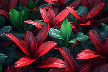 closeup nature view of red and green leaves background, abstract leaf texture