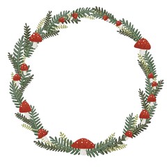 Red mushroom with fern leaves wreath illustration for decoration on fairy tales forest and Autumn seasonal.