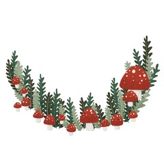 Red mushroom with fern leaves border illustration for decoration on fairy tales forest and Autumn seasonal.