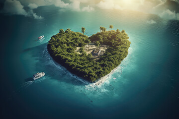 aerial view of an island is in the shape of a heart, generative AI
