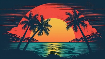 A vintage sunset, vintage tshirt design vector graphics, detail design, turquoise, pink, contour, white background Generative AI