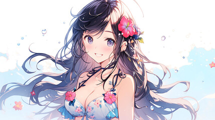 Fototapeta premium hand drawn cartoon anime cool swimsuit girl illustration in summer 
