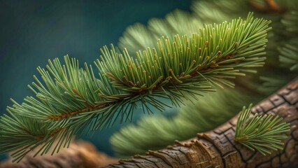 Naklejka na ściany i meble The Beauty of Nature's Detail: A Gorgeous Close Up of a Pine Branch with Lush Green Needles