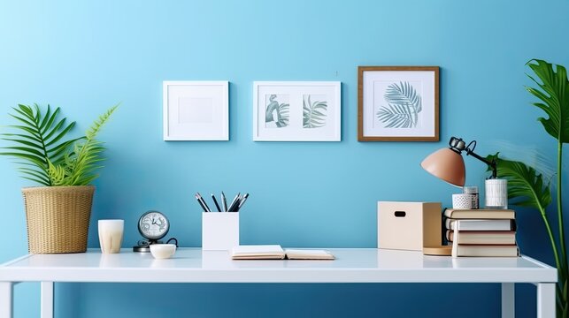 Image of Creative Workspace Desk with office accessories, blank photo frame or poster, book, plant on blue background. Mockup Space, Home Office Desktop Workspace. telephoto lens studio lighting