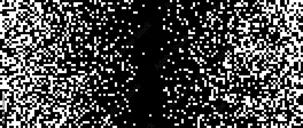 Aufkleber Pixelated halftone gradient texture. Fading pixel noise texture. Dissolving black and white wallpaper. Vector 8 bit horizontal background