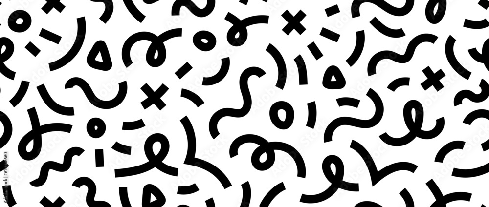 Poster abstract doodle squiggly lines seamless pattern. black and white childish scribble repeating backgro