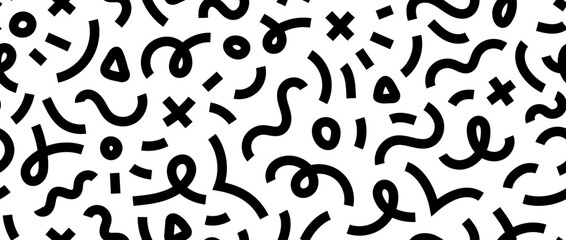 Abstract doodle squiggly lines seamless pattern. Black and white childish scribble repeating background. Childish shapes and curved wavy stripes wallpaper. Vector backdrop 