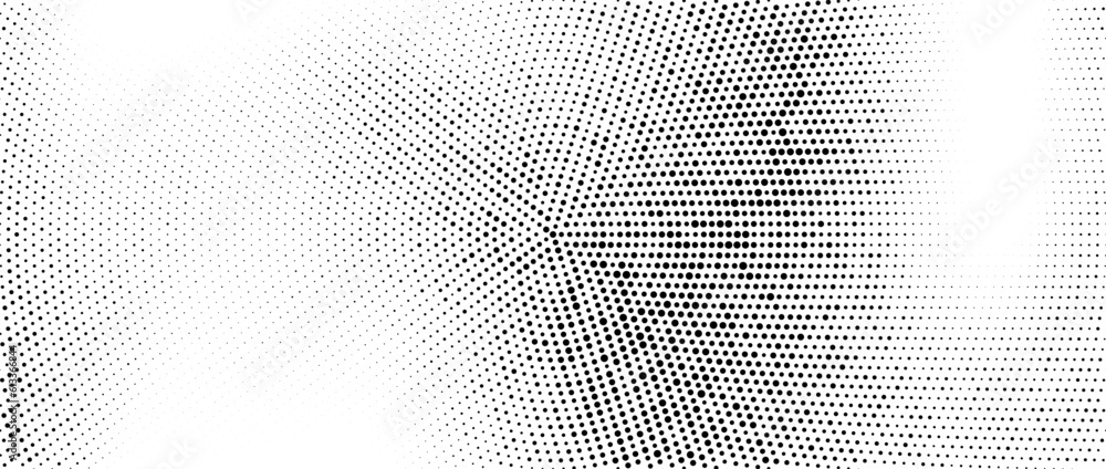 Poster Radial halftone dots. Spotted and dotted gradient background. Concentric stains texture with fading effect. Black and white rough gritty wallpaper. Grunge monochrome geometric backdrop. Vector