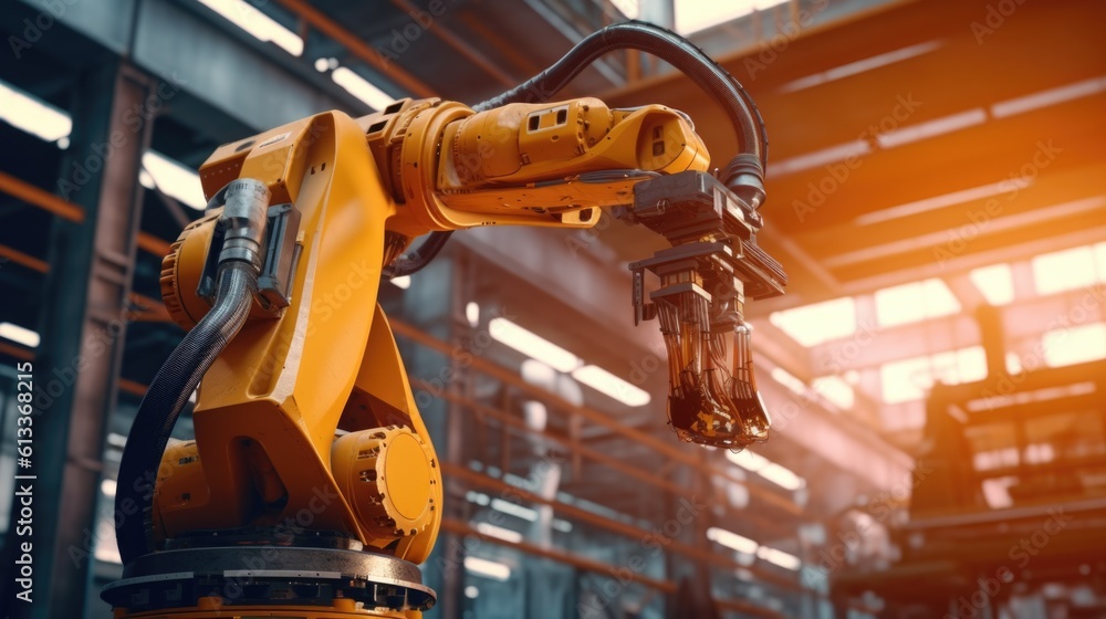 Poster industrial robot arm working at the production line. advanced robotic automation in the industrial p