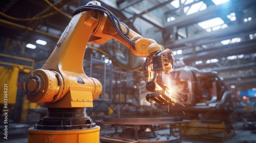 Poster industrial robot arm working at the production line. advanced robotic automation in the industrial p