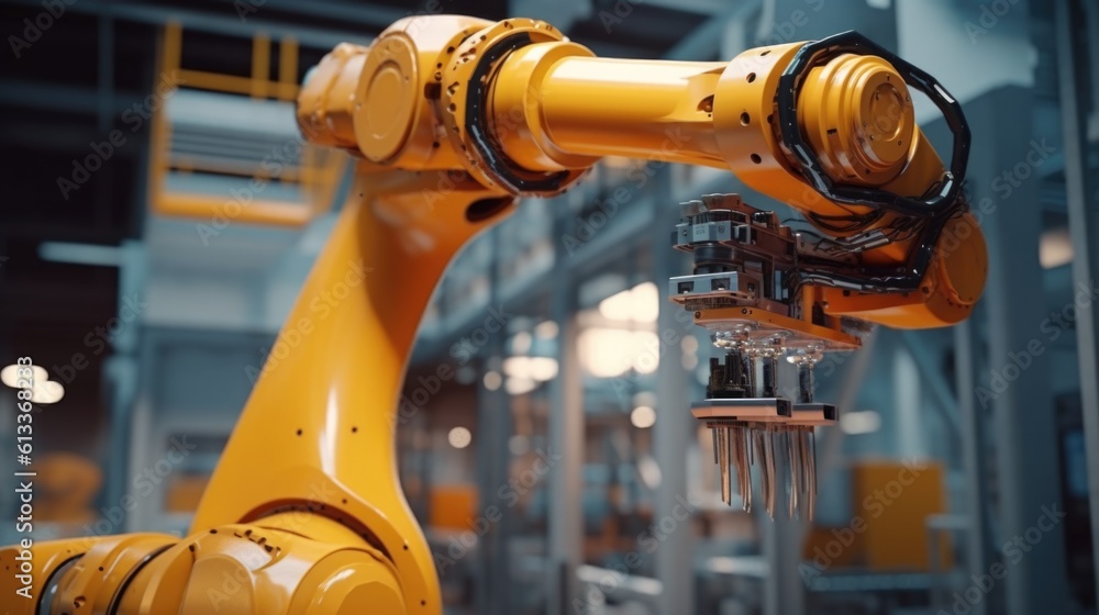Poster industrial robot arm working at the production line. advanced robotic automation in the industrial p
