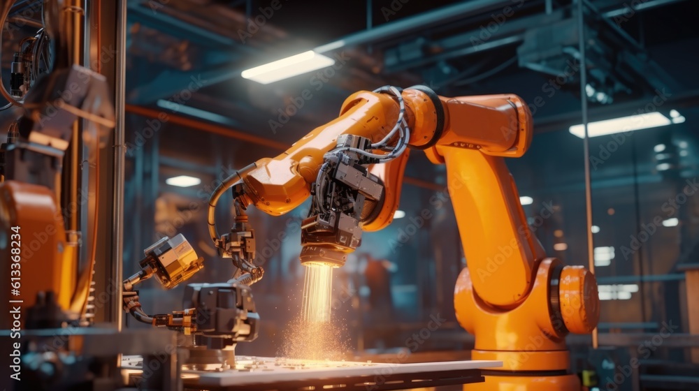 Poster industrial robot arm working at the production line. advanced robotic automation in the industrial p