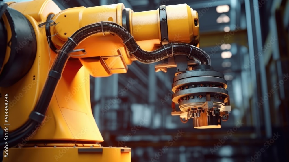 Poster industrial robot arm working at the production line. advanced robotic automation in the industrial p