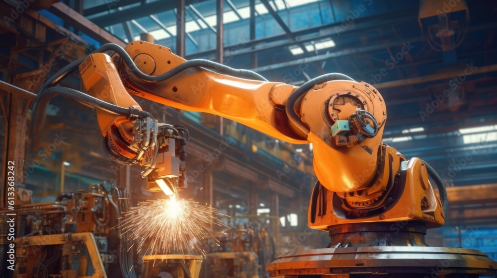 Poster industrial robot arm working at the production line. advanced robotic automation in the industrial p