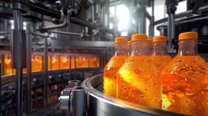 the photorealism of a belt or line in a fresh orange beverage with modern automated industrial machine equipment, a Bottling plant, and colorful juice beverage plastic bottle in the factory,