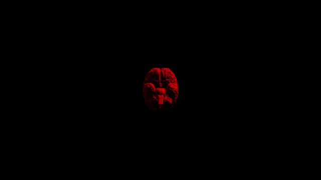 Transparent Red 3D Brain Spinning on Black Background