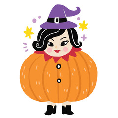 Cute cartoon witch and pumpkin Halloween doodle element.