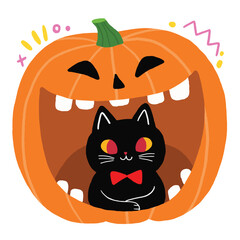 Cute cartoon cat and pumpkin Halloween doodle element.
