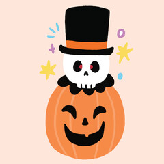 Cute cartoon skull and pumpkin Halloween doodle element.
