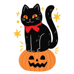 Cute cartoon cat and pumpkin Halloween doodle element.