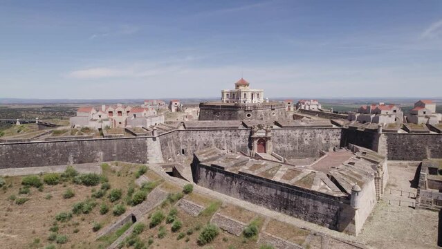 Stunning Portuguese fortress nossa senhora, aerial. Alentejo, Portugal
