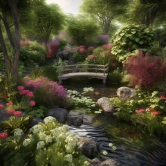 Serene, Tranquil Garden with Beautiful Flowers and Foliage