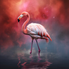 Beautiful Pink Flamingo wading through water, generative ai