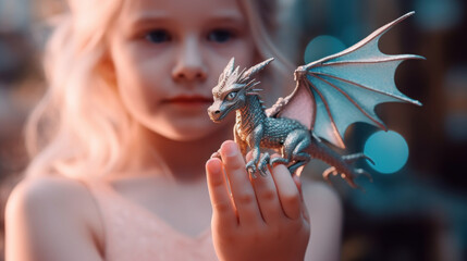 Small little blonde girl with pink dress stands on the palm hand with small dragon 