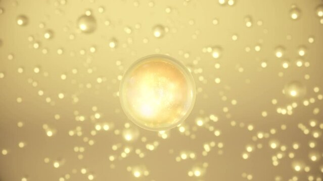 Many atoms of cosmetics are floating in the water. a liquid bubble on a background of water, with particles inside, and cosmetic essence. 3-D animation 