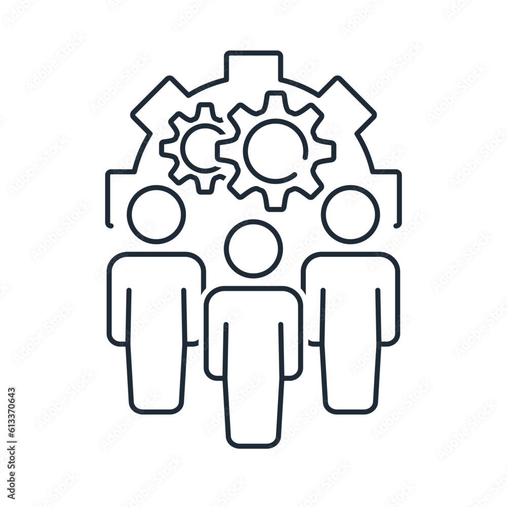Poster a group of people in a single mechanism. effective team work.vector linear icon isolated on white ba
