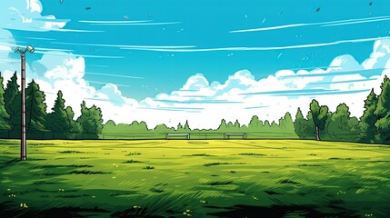 Cartoon style, view from standing in the middle of a soccer field, clean and bold lines Generative AI