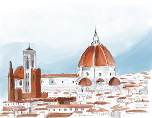 Obraz premium Watercolor illustration of a panoramic view of Florence with the Duomo as the focal point. Watercolor illustration of Santa Maria del Fiore and surroundings