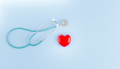 3d render stethoscope with red heart on blue background