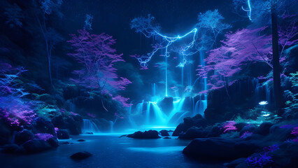 A captivating background image that portrays the seamless fusion of technology and nature. Glowing bioluminescent flora, shimmering waterfalls, and a serene sky created with Generative AI Tools