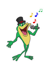 Frog cartoon character singing with black hat holding microphone vector