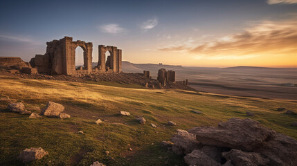 Fototapeta premium Generative AI, Ancient Ruins: Combine landscapes with historical element