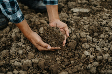 Oldman farmer holding soil in cupped hands.