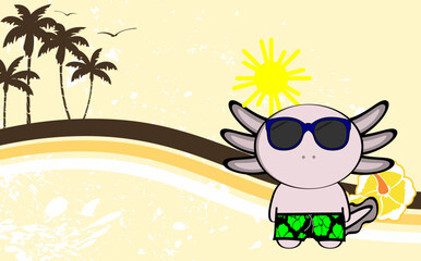 Obraz na płótnie Canvas axolotl cartoon with summer clothings tropical hawaiian background illustration in vector format