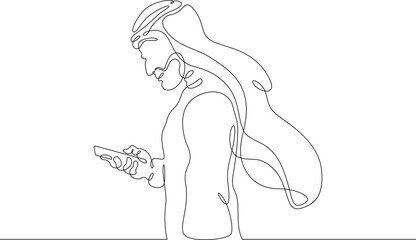 Arab with a phone in his hand. Man in gutra and kandura. Arab in a headscarf. Smartphone internet call. Eastern man. One continuous line. Linear.One continuous line drawn isolated, white background.